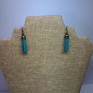Rustic Western Turquoise Faux Leather Tassel Earrings with Crystal Accent